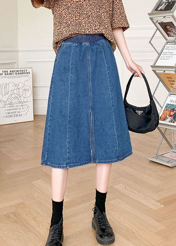 Boutique Denim Blue Solid Elastic Waist Side Open Cotton A Line Skirt