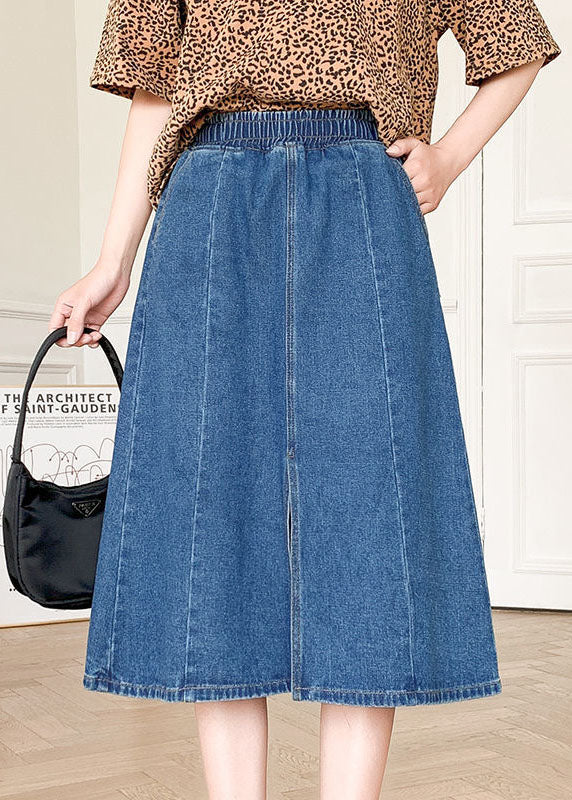 Boutique Denim Blue Solid Elastic Waist Side Open Cotton A Line Skirt