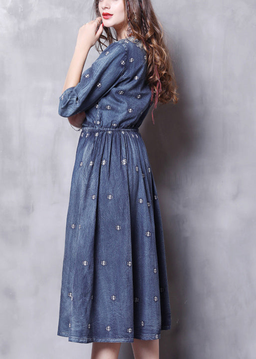 Boutique Denim Blue V Neck Embroideried Elastic Waist Cotton Dresses Bracelet Sleeve