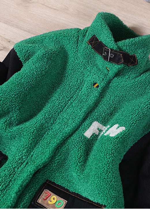 Chaquetas de piel sintética con patchwork de mezclilla bordada verde boutique para invierno