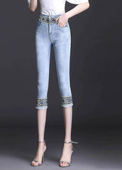 Boutique Light Blue High Waist Zip Up Lace Patchwork Slim Cotton Denim Crop Pants