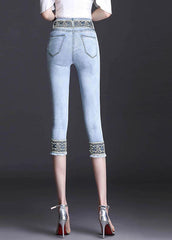 Boutique Light Blue High Waist Zip Up Lace Patchwork Slim Cotton Denim Crop Pants