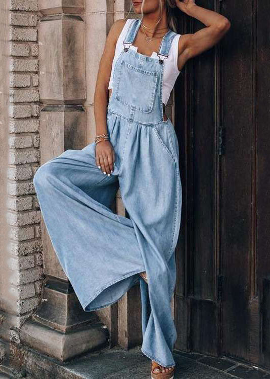 Boutique Light Blue Patchwork Denim Overalls Jumpsuit