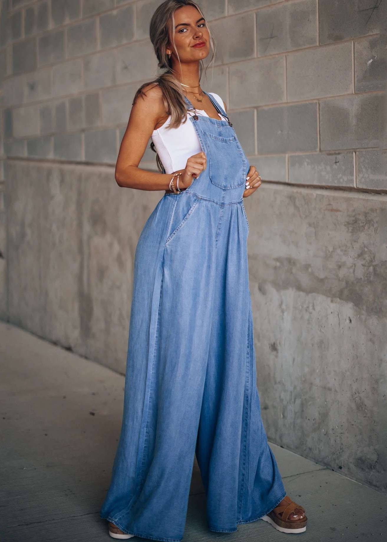 Boutique Light Blue Patchwork Denim Overalls Jumpsuit