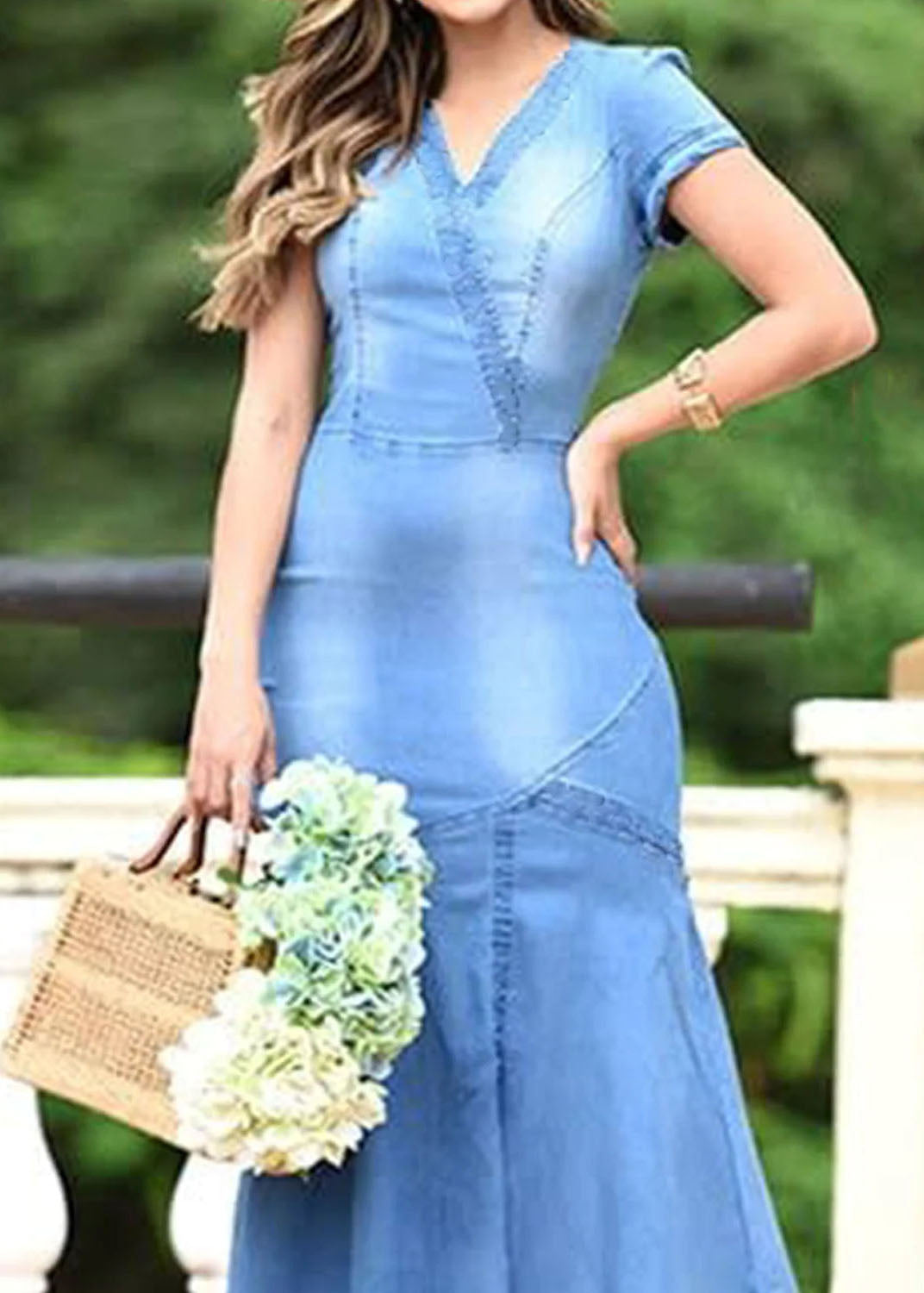 Boutique Light Blue V Neck Patchwork Slim Denim Dresses