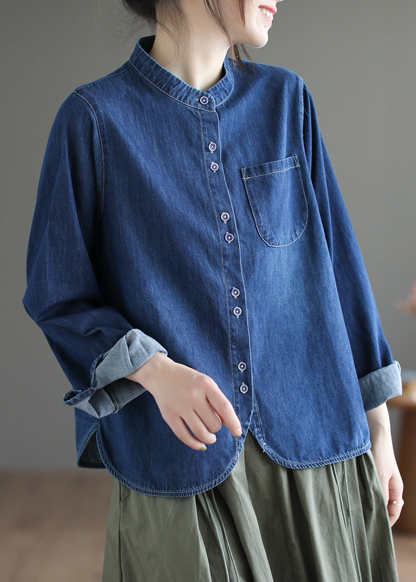 Boutique Navy O-Neck Asymmetrical Patchwork Button Denim Shirt