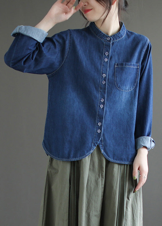 Boutique Navy O-Neck Asymmetrical Patchwork Button Denim Shirt