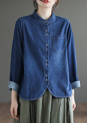 Boutique Navy O-Neck Asymmetrical Patchwork Button Denim Shirt