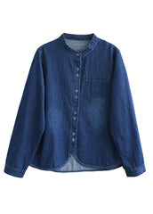 Boutique Navy O-Neck Asymmetrical Patchwork Button Denim Shirt