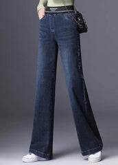 Boutique Original Design Blue Grey Elastic Waist Pockets Cotton Denim Straight Pants