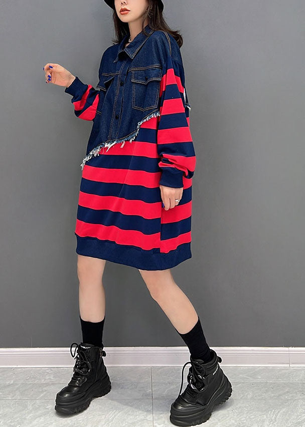 Boutique Red Striped Patchwork Denim Cotton Sweatshirts Dress Fall