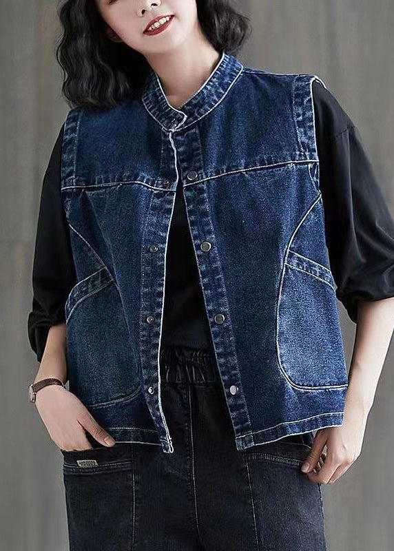 Brief Dark Blue Patchwork Button Denim Waistcoat Sleevele