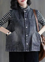 Brief Dark Blue Patchwork Button Denim Waistcoat Sleevele