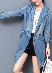 Brief Denim Blue Notched Patchwork Button Cotton Long Coat