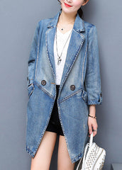 Brief Denim Blue Notched Patchwork Button Cotton Long Coat