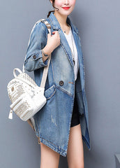 Brief Denim Blue Notched Patchwork Button Cotton Long Coat