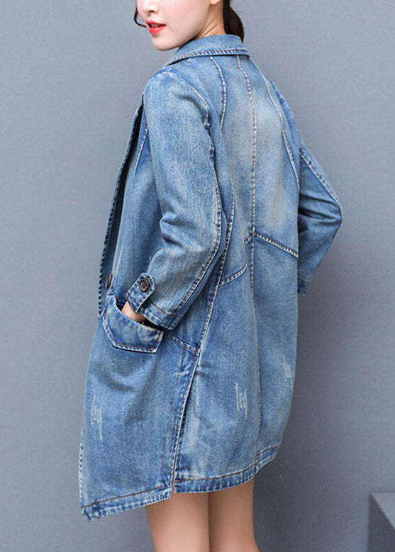 Brief Denim Blue Notched Patchwork Button Cotton Long Coat