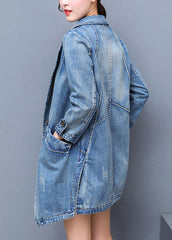 Brief Denim Blue Notched Patchwork Button Cotton Long Coat