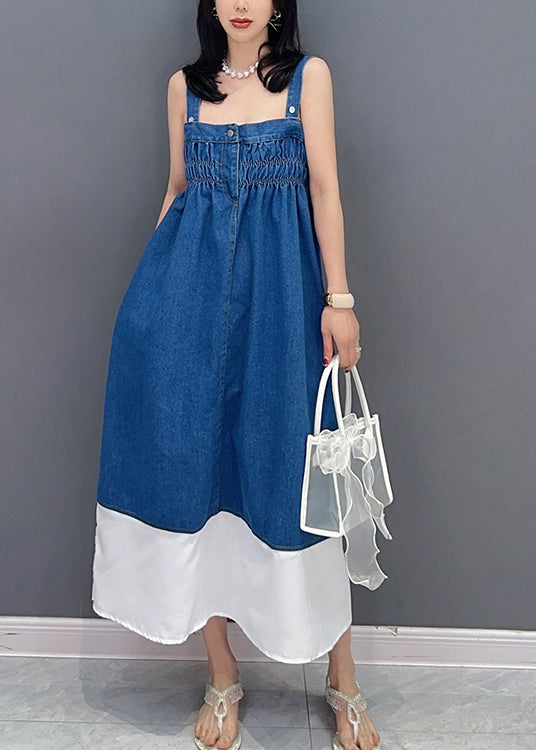 Brief Denim Blue Slash Neck Patchwork Cinched Button Maxi Dress