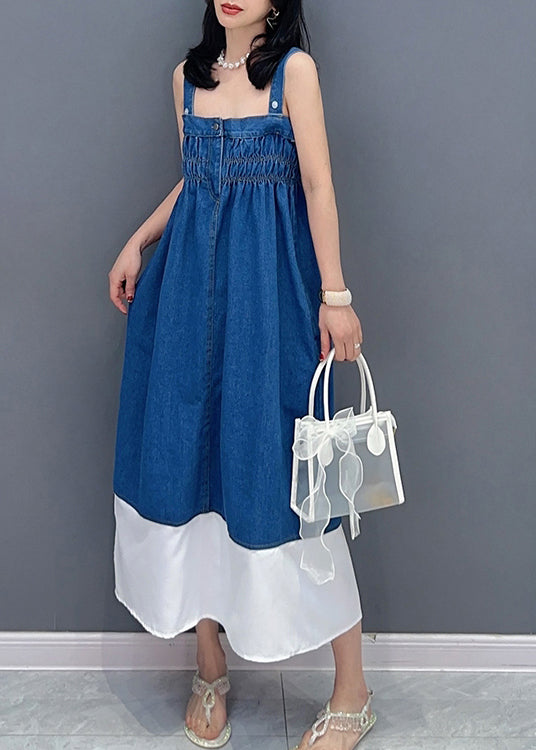 Brief Denim Blue Slash Neck Patchwork Cinched Button Maxi Dress