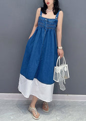 Brief Denim Blue Slash Neck Patchwork Cinched Button Maxi Dress