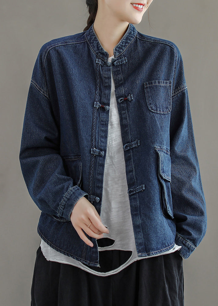 Brief Navy Stand Collar Button Pockets Cotton Denim Coats Long Sleeve