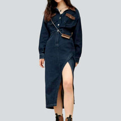 Brown leather collar denim dress