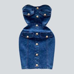 Buttoned strapless denim dress