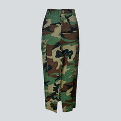 Camouflage print long denim skirt