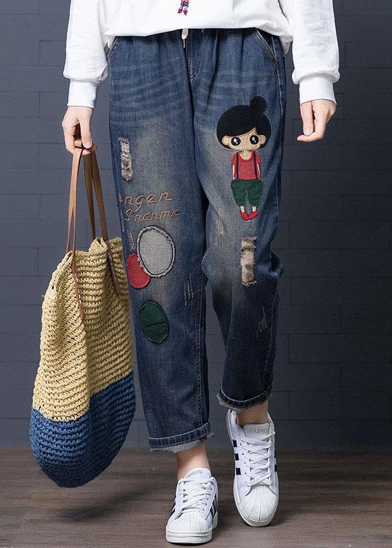 Cartoon Embroidery Hollow Drawstring Waist Denim Jeans