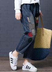 Cartoon Embroidery Hollow Drawstring Waist Denim Jeans