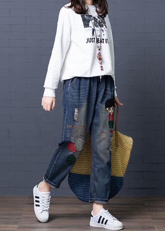 Cartoon Embroidery Hollow Drawstring Waist Denim Jeans