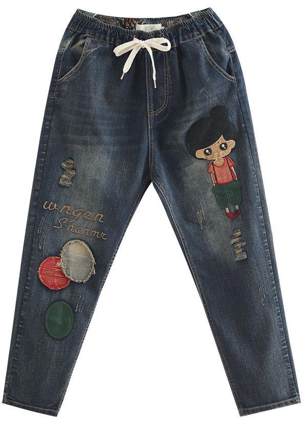 Cartoon Embroidery Hollow Drawstring Waist Denim Jeans