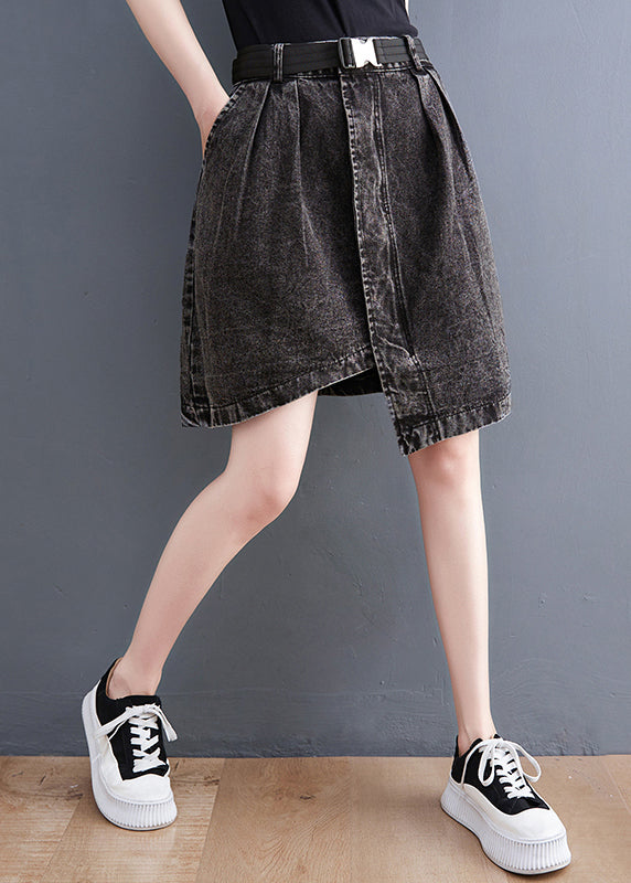 Casual Black Asymmetrical Design Pockets Denim Short Skirt