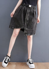 Casual Black Asymmetrical Design Pockets Denim Short Skirt