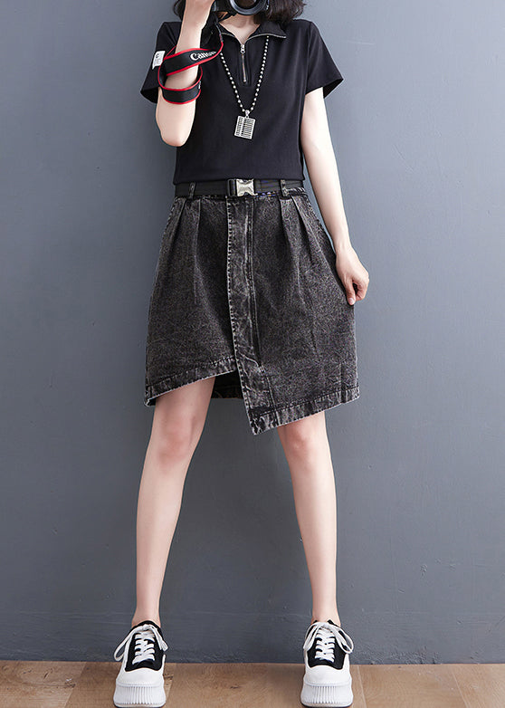 Casual Black Asymmetrical Design Pockets Denim Short Skirt