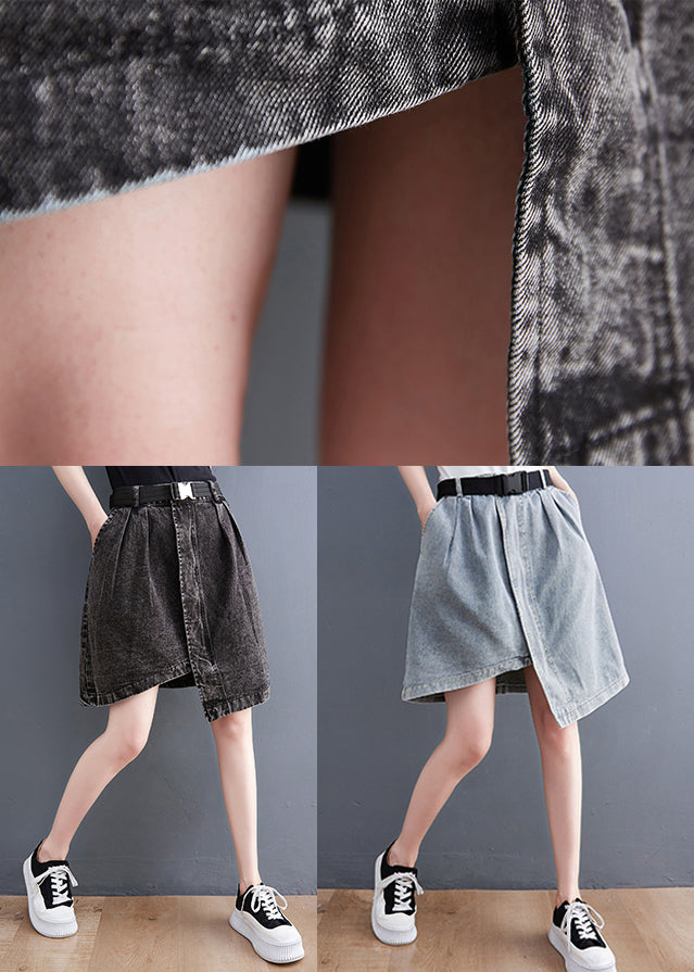 Casual Black Asymmetrical Design Pockets Denim Short Skirt