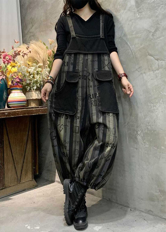 Casual Black Graphic Print Striped Button Denim Jumpsuits