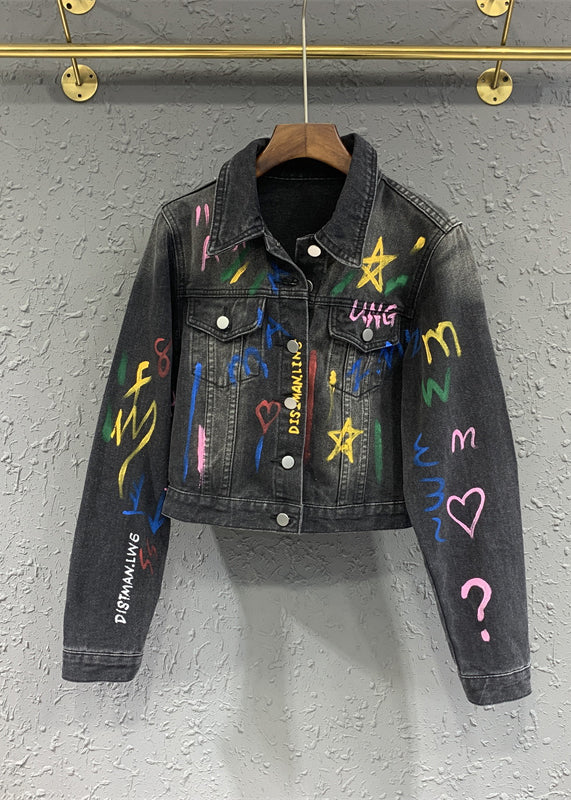 Casual Schwarz Grau Revers Graffiti Denim Jacke Herbst