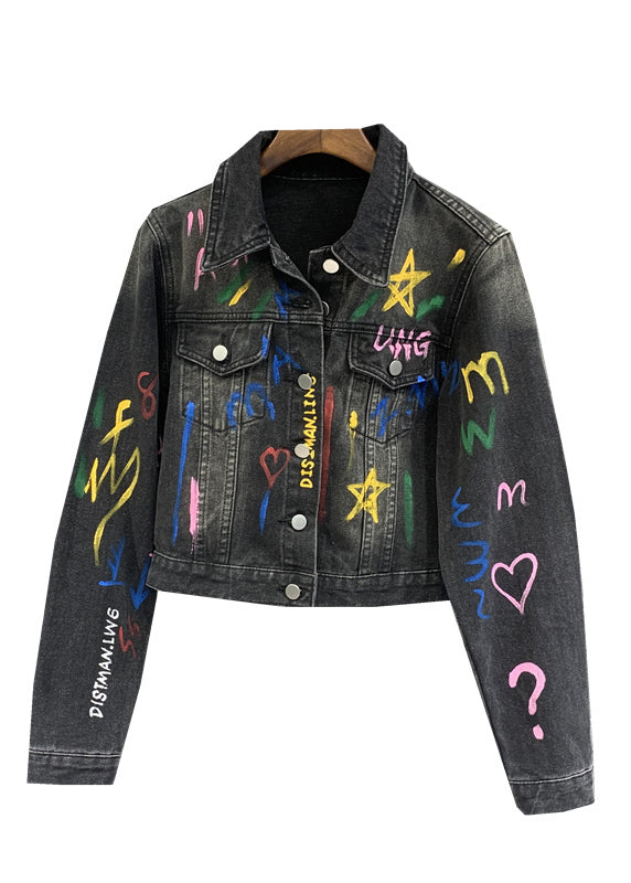 Casual Schwarz Grau Revers Graffiti Denim Jacke Herbst