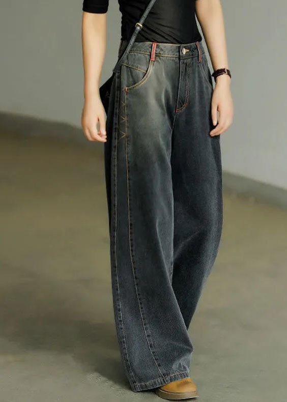 Casual Black High Waist Zip Up Draping Pockets Cotton Denim Wide Leg Pants