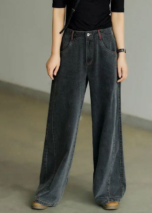 Casual Black High Waist Zip Up Draping Pockets Cotton Denim Wide Leg Pants