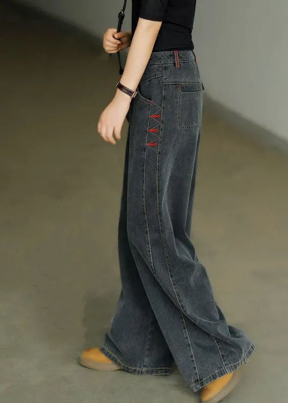 Casual Black High Waist Zip Up Draping Pockets Cotton Denim Wide Leg Pants