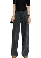 Casual Black High Waist Zip Up Draping Pockets Cotton Denim Wide Leg Pants