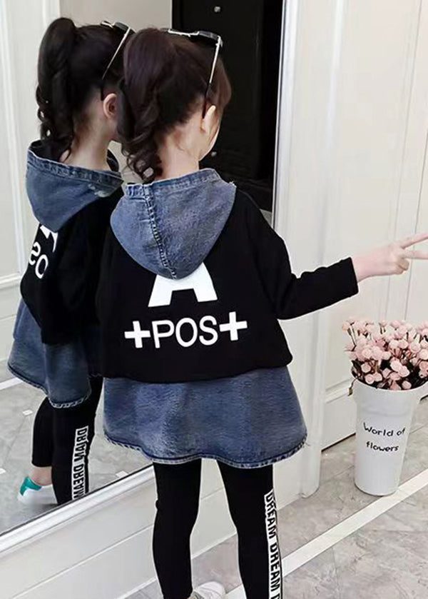 Casual Schwarz Mit Kapuze Patchwork Denim Baby Mädchen Top Herbst