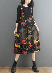 Casual Black V Neck Asymmetrical Button Print Strap Denim Dress