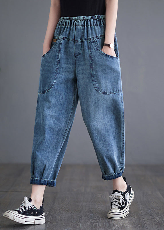 Casual Blue Elastic Waist Pockets Denim Harem Pants