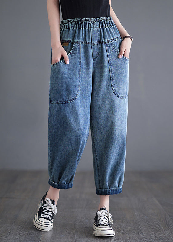 Casual Blue Elastic Waist Pockets Denim Harem Pants