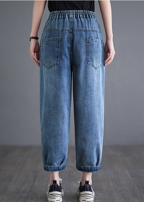 Casual Blue Elastic Waist Pockets Denim Harem Pants