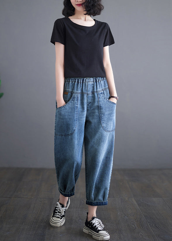 Casual Blue Elastic Waist Pockets Denim Harem Pants